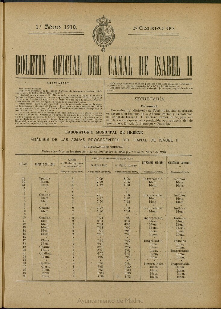 Miniatura de Boletín Oficial del Canal de Isabel II del 1 de febrero de 1910, nº 60