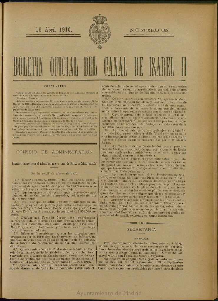 Miniatura de Boletín Oficial del Canal de Isabel II del 16 de abril de 1910, nº 65