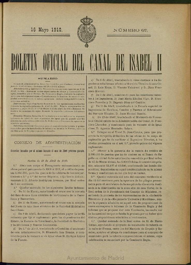 Miniatura de Boletín Oficial del Canal de Isabel II del 16 de mayo de 1910, nº 67