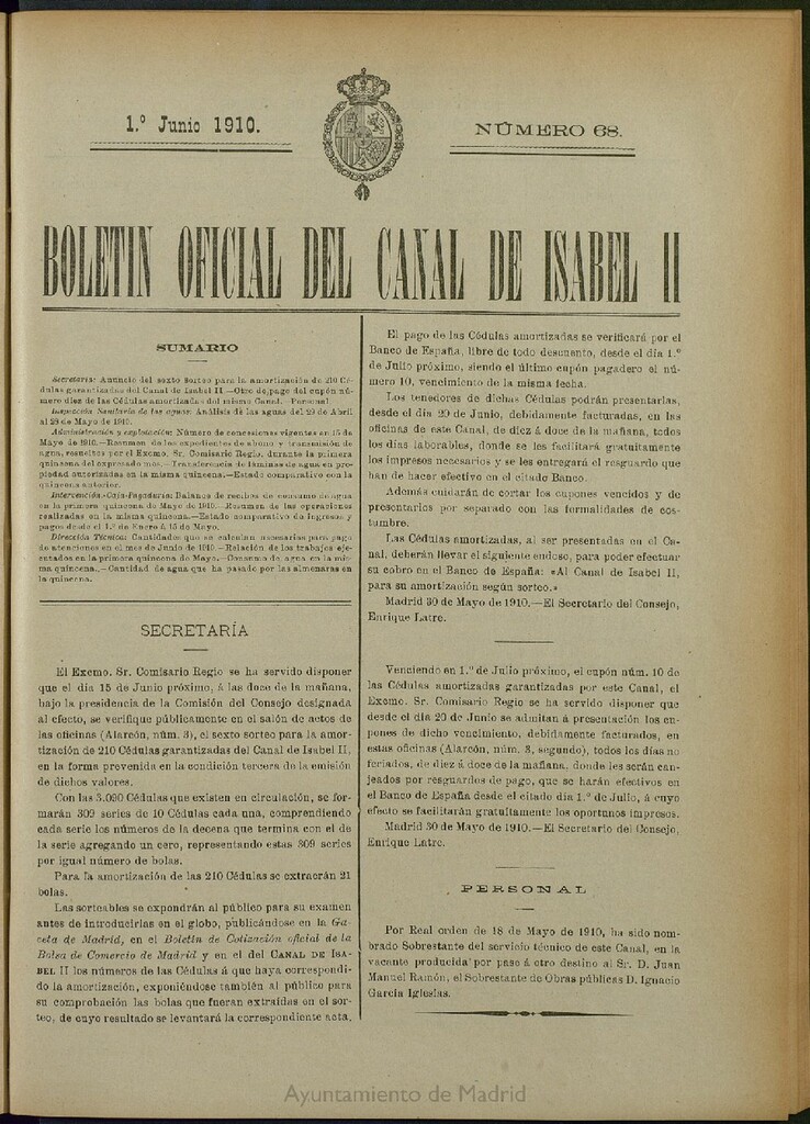 Miniatura de Boletín Oficial del Canal de Isabel II del 1 de junio de 1910, nº 68
