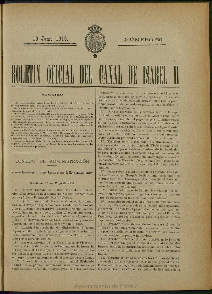 Miniatura de Boletín Oficial del Canal de Isabel II del 16 de junio de 1910, nº 69
