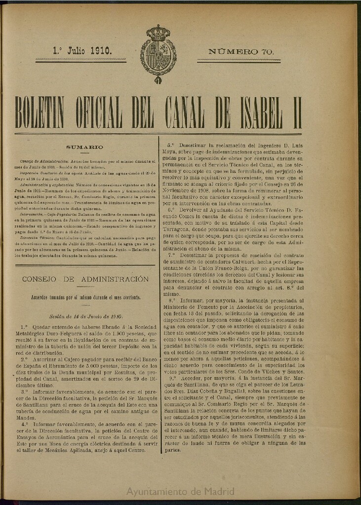 Miniatura de Boletín Oficial del Canal de Isabel II del 1 de julio de 1910, nº 70