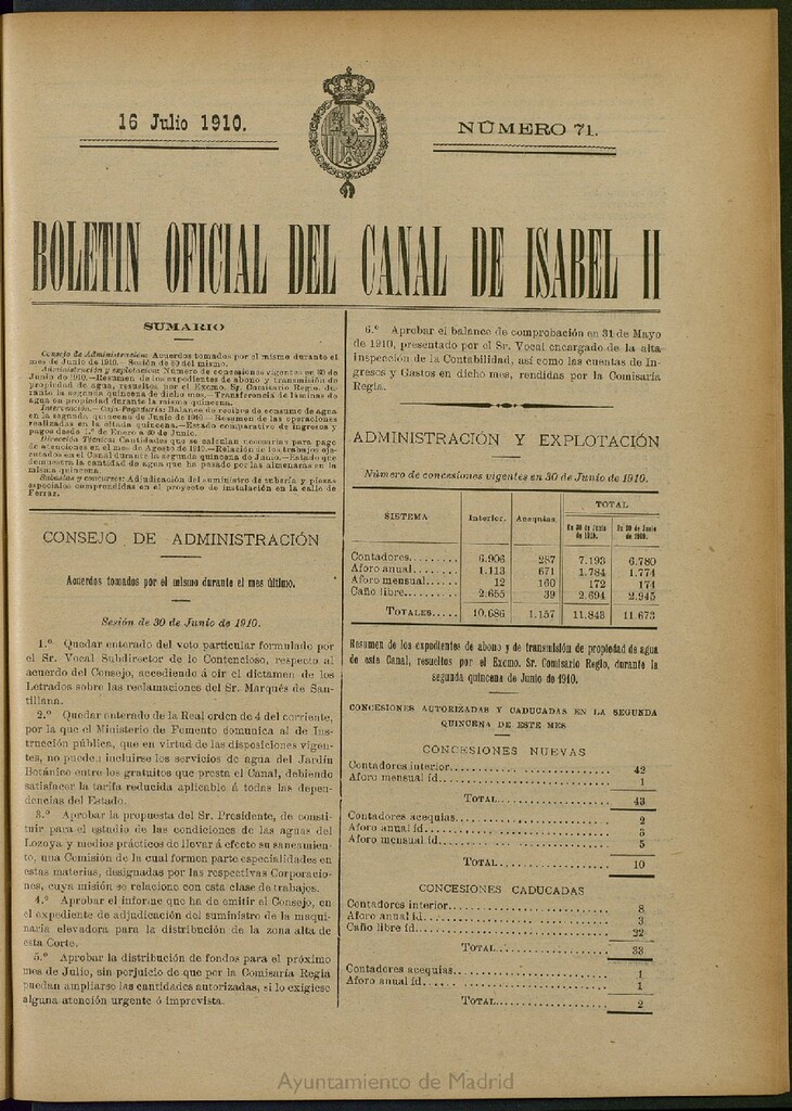 Miniatura de Boletín Oficial del Canal de Isabel II del 16 de julio de 1910, nº 71