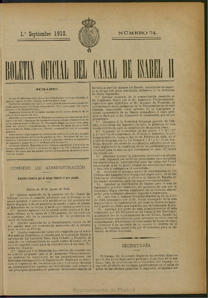 Miniatura de Boletín Oficial del Canal de Isabel II del 1 de septiembre de 1910, nº 74