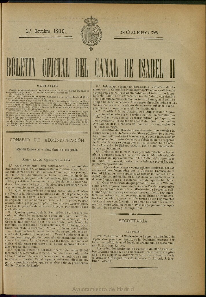 Miniatura de Boletín Oficial del Canal de Isabel II del 1 de octubre de 1910, nº 76