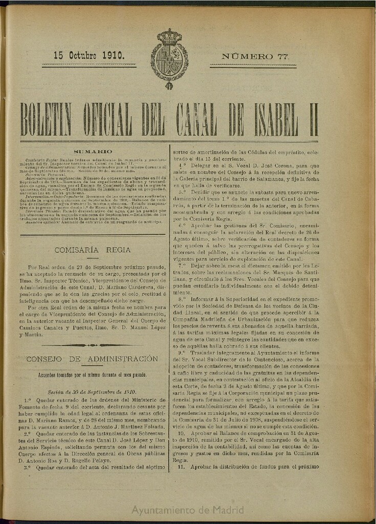Miniatura de Boletín Oficial del Canal de Isabel II del 15 de octubre de 1910, nº 77