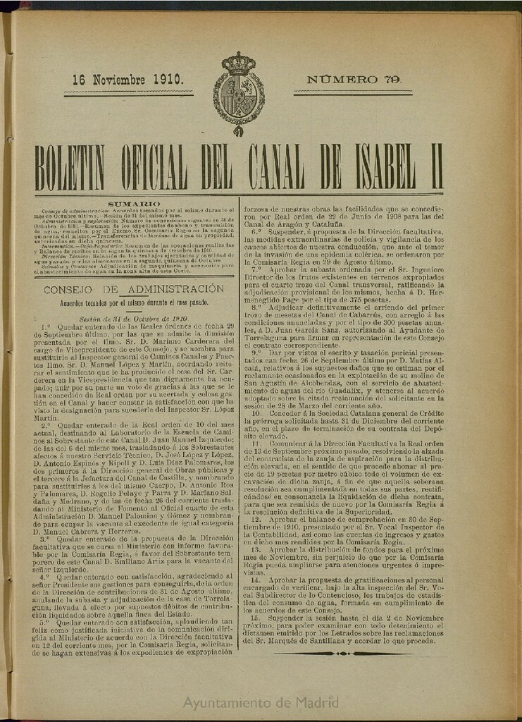 Miniatura de Boletín Oficial del Canal de Isabel II del 16 de noviembre de 1910, nº 79