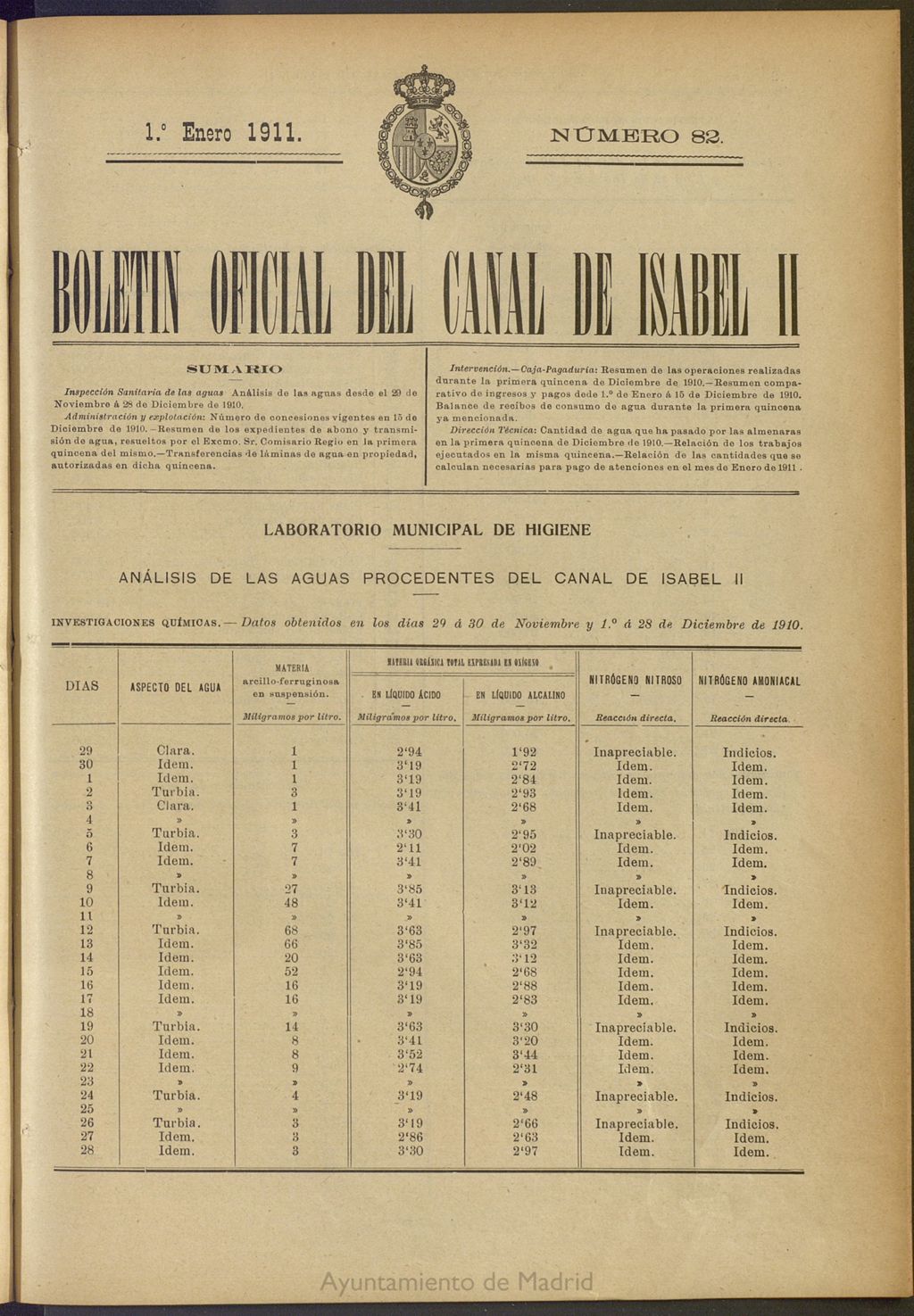 Miniatura de Boletín Oficial del Canal de Isabel II del 1 de enero de 1911, nº 82
