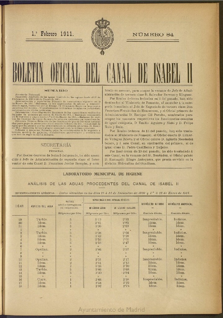 Miniatura de Boletín Oficial del Canal de Isabel II del 1 de febrero de 1911, nº 84
