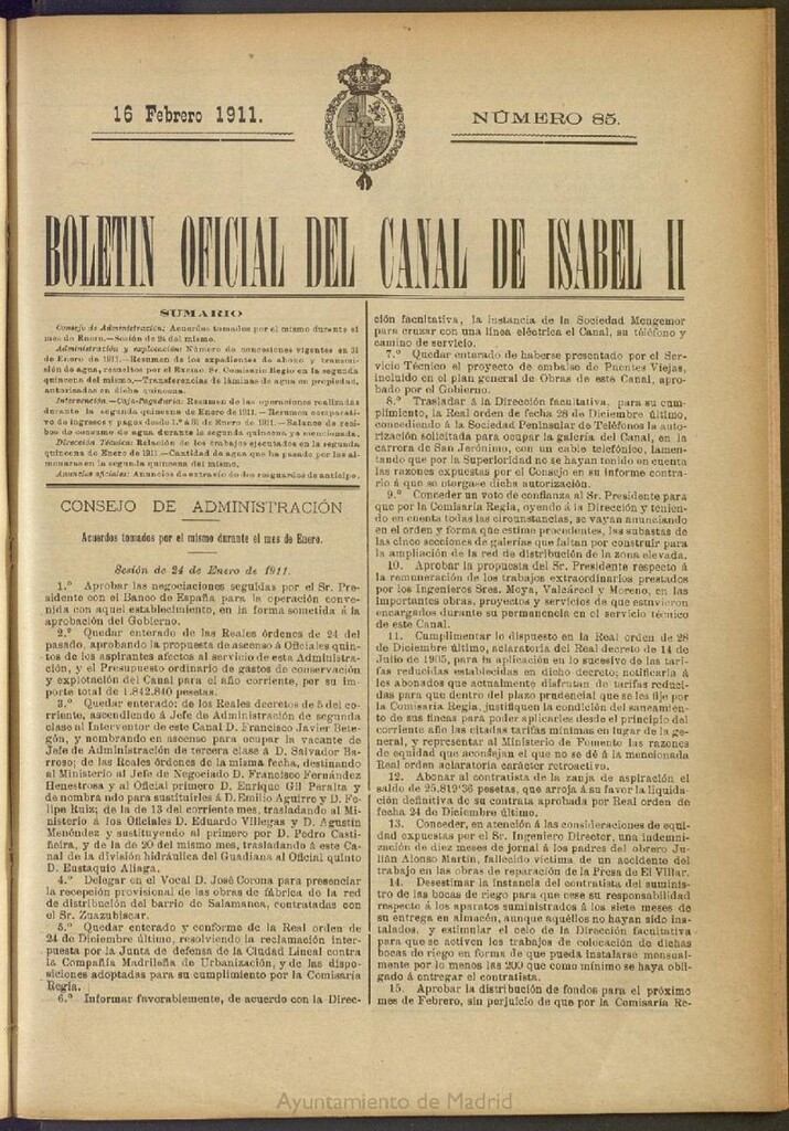 Miniatura de Boletín Oficial del Canal de Isabel II del 16 de febrero de 1911, nº 85