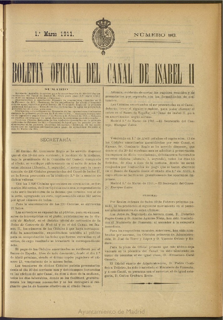 Miniatura de Boletín Oficial del Canal de Isabel II del 1 de marzo de 1911, nº 86