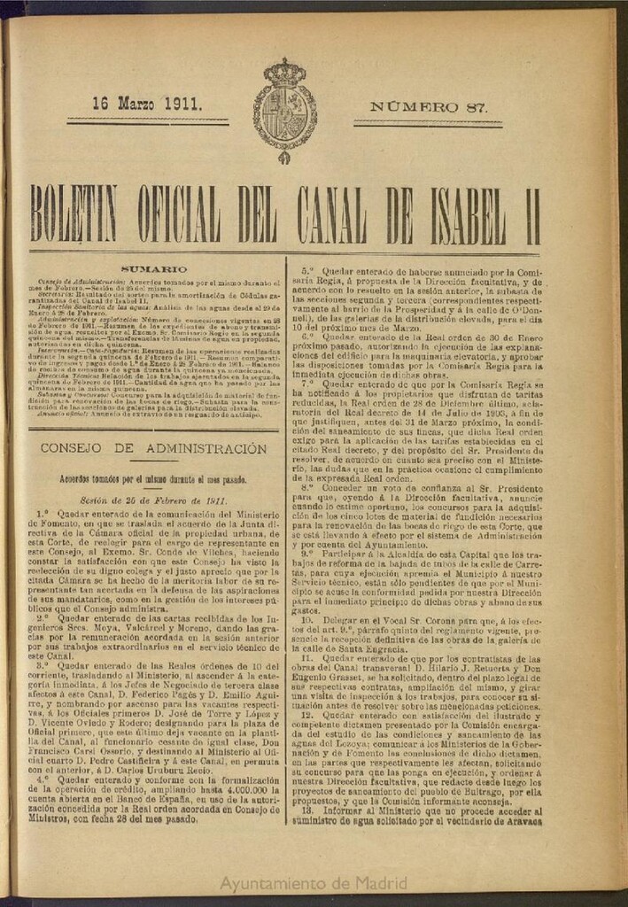 Miniatura de Boletín Oficial del Canal de Isabel II del 16 de marzo de 1911, nº 87