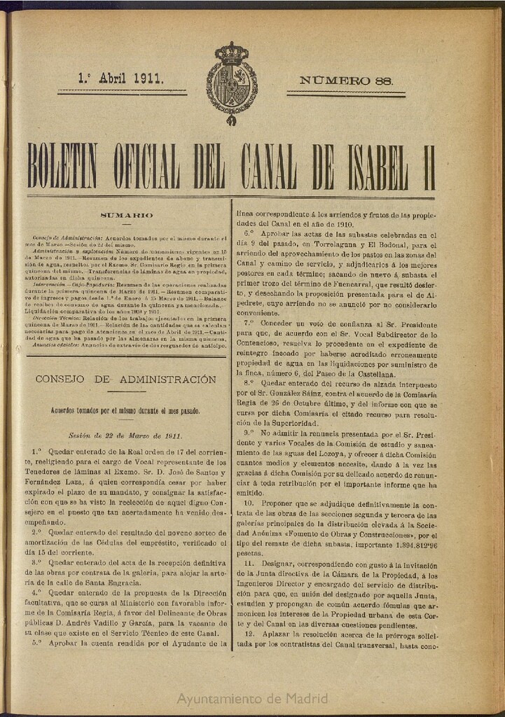 Miniatura de Boletín Oficial del Canal de Isabel II del 1 de abril de 1911, nº 88