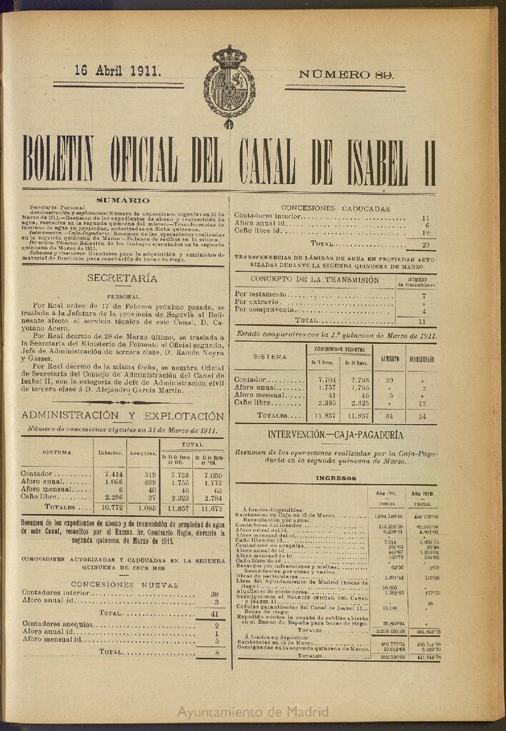 Miniatura de Boletín Oficial del Canal de Isabel II del 16 de abril de 1911, nº 89