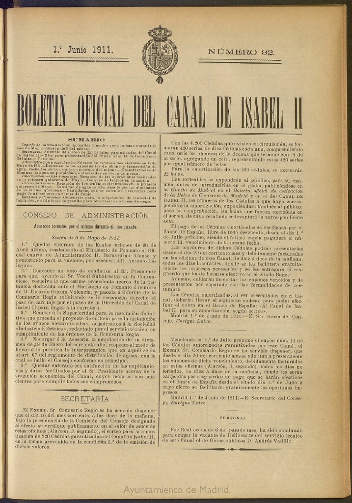 Miniatura de Boletín Oficial del Canal de Isabel II del 1 de junio de 1911, nº 92