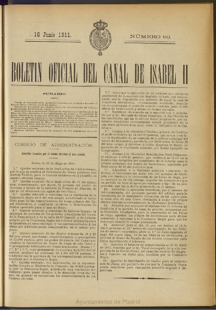 Miniatura de Boletín Oficial del Canal de Isabel II del 16 de junio de 1911, nº 93