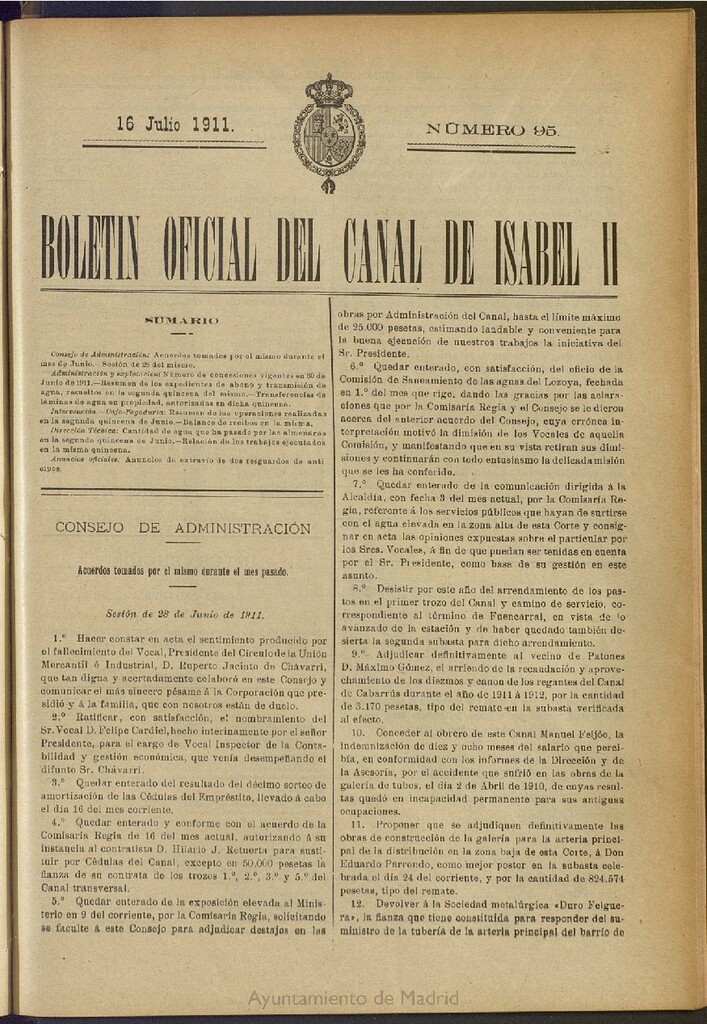 Miniatura de Boletín Oficial del Canal de Isabel II del 16 de julio de 1911, nº 95