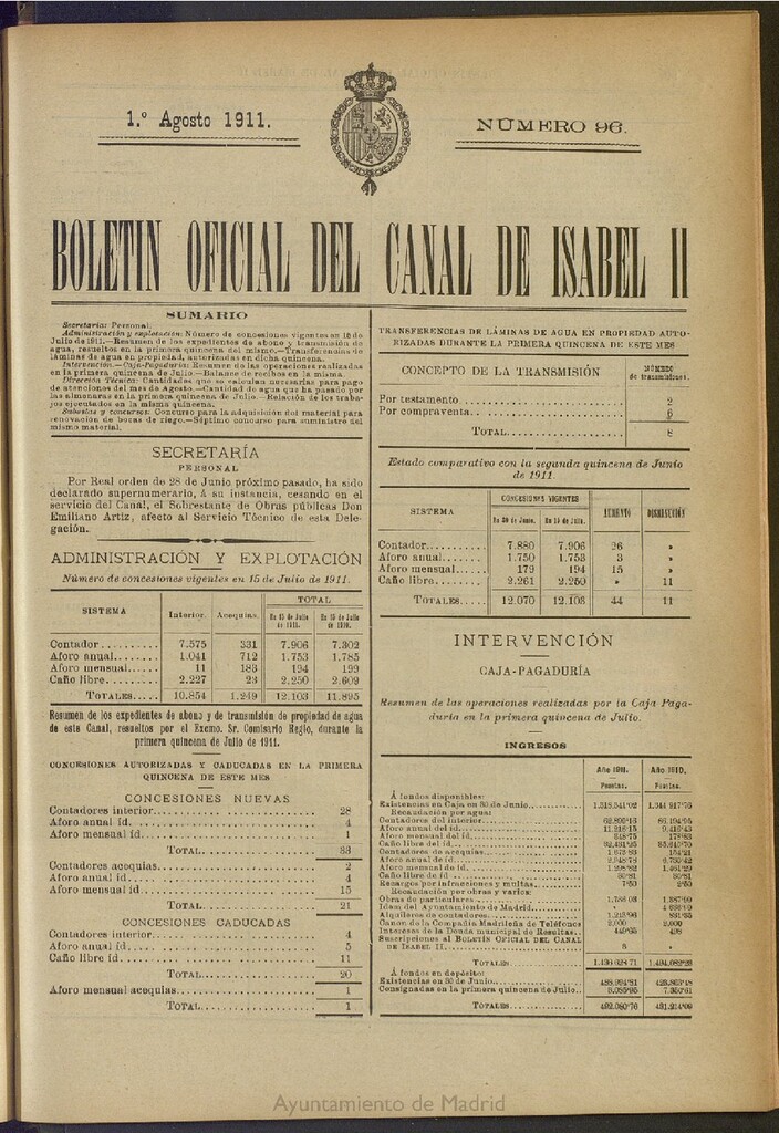 Miniatura de Boletín Oficial del Canal de Isabel II del 1 de agosto de 1911, nº 96