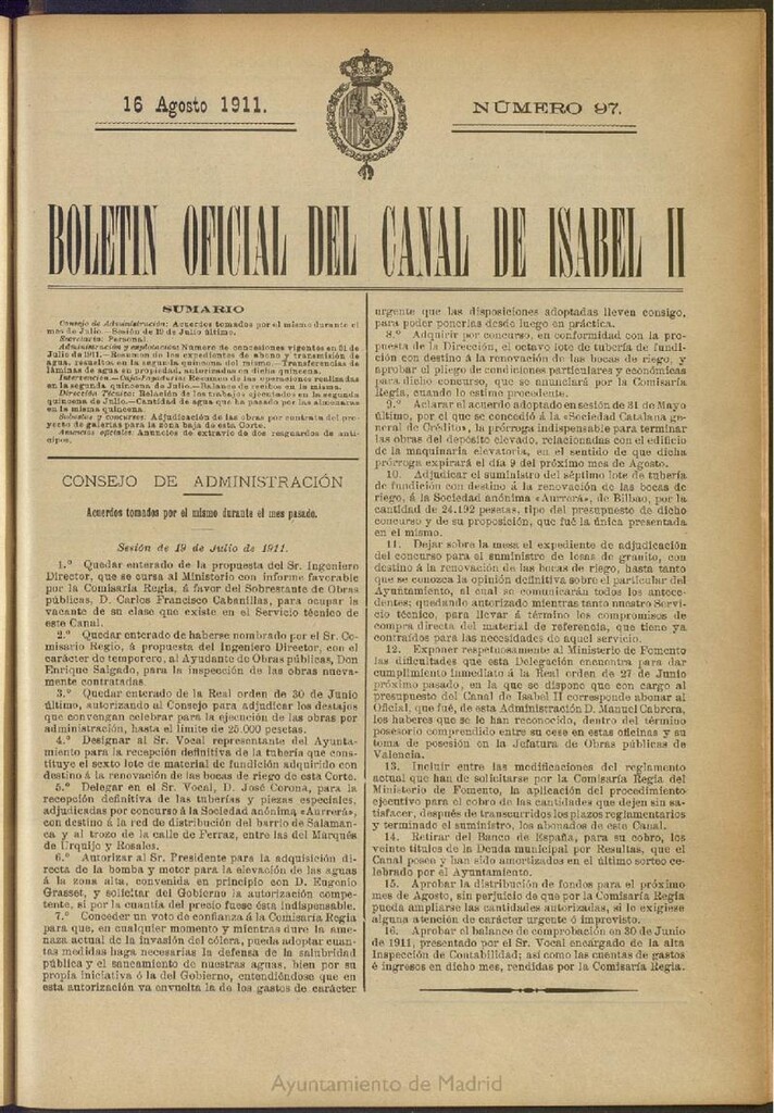 Miniatura de Boletín Oficial del Canal de Isabel II del 16 de agosto de 1911, nº 97