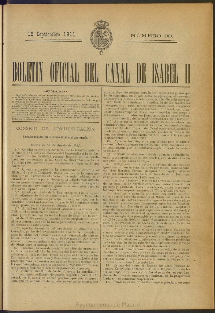 Miniatura de Boletín Oficial del Canal de Isabel II del 16 de septiembre de 1911, nº 99