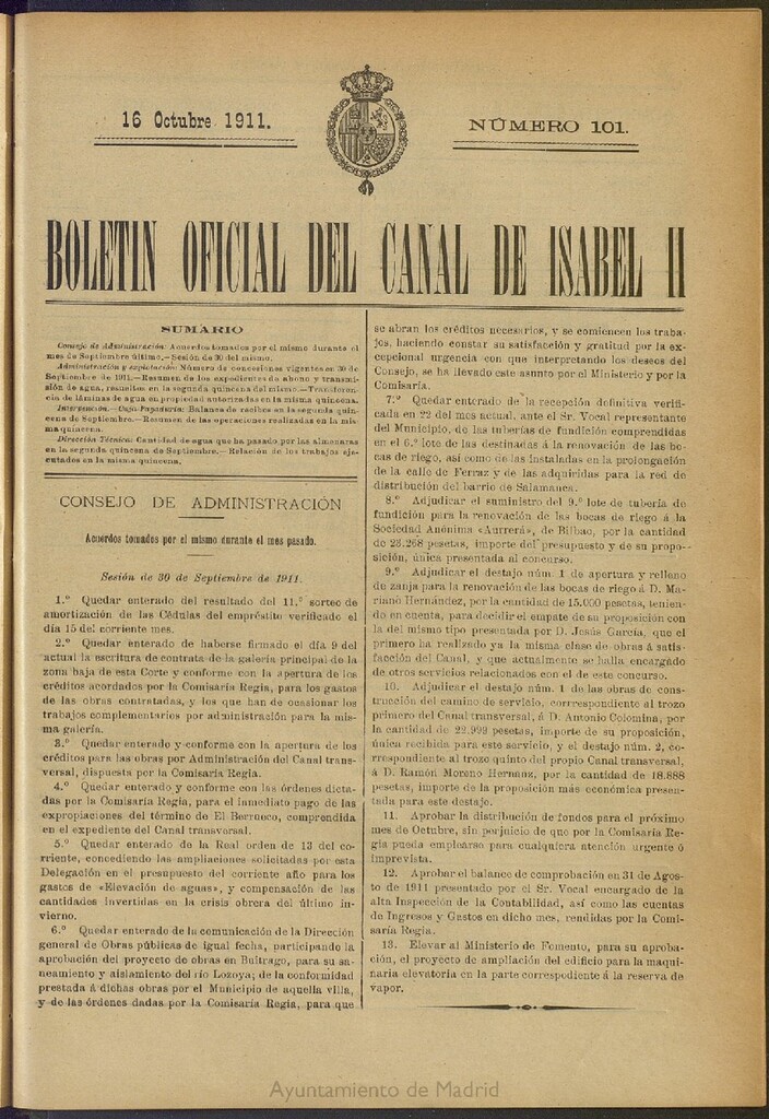 Miniatura de Boletín Oficial del Canal de Isabel II del 16 de octubre de 1911, nº 101