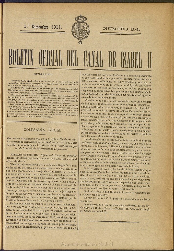 Miniatura de Boletín Oficial del Canal de Isabel II del 1 de diciembre de 1911, nº 104