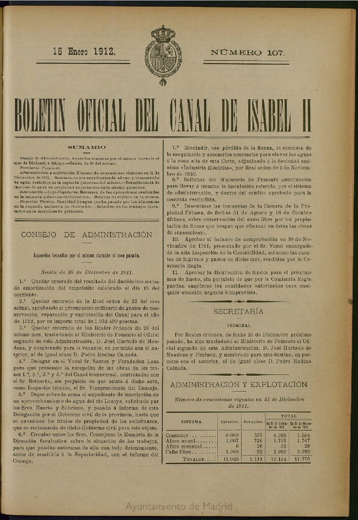 Miniatura de Boletín Oficial del Canal de Isabel II del 16 de enero de 1912, nº 107