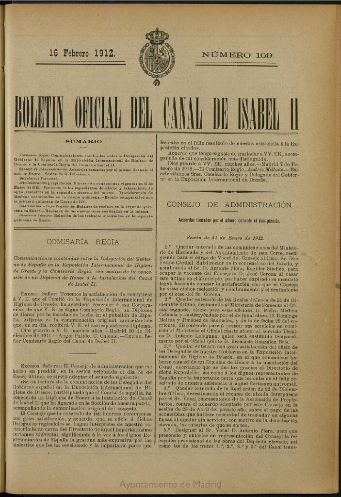 Miniatura de Boletín Oficial del Canal de Isabel II del 16 de febrero de 1912, nº 109