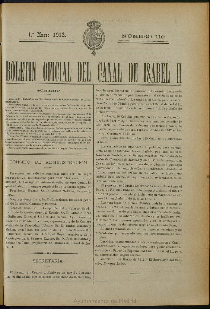 Miniatura de Boletín Oficial del Canal de Isabel II del 1 de marzo de 1912, nº 110