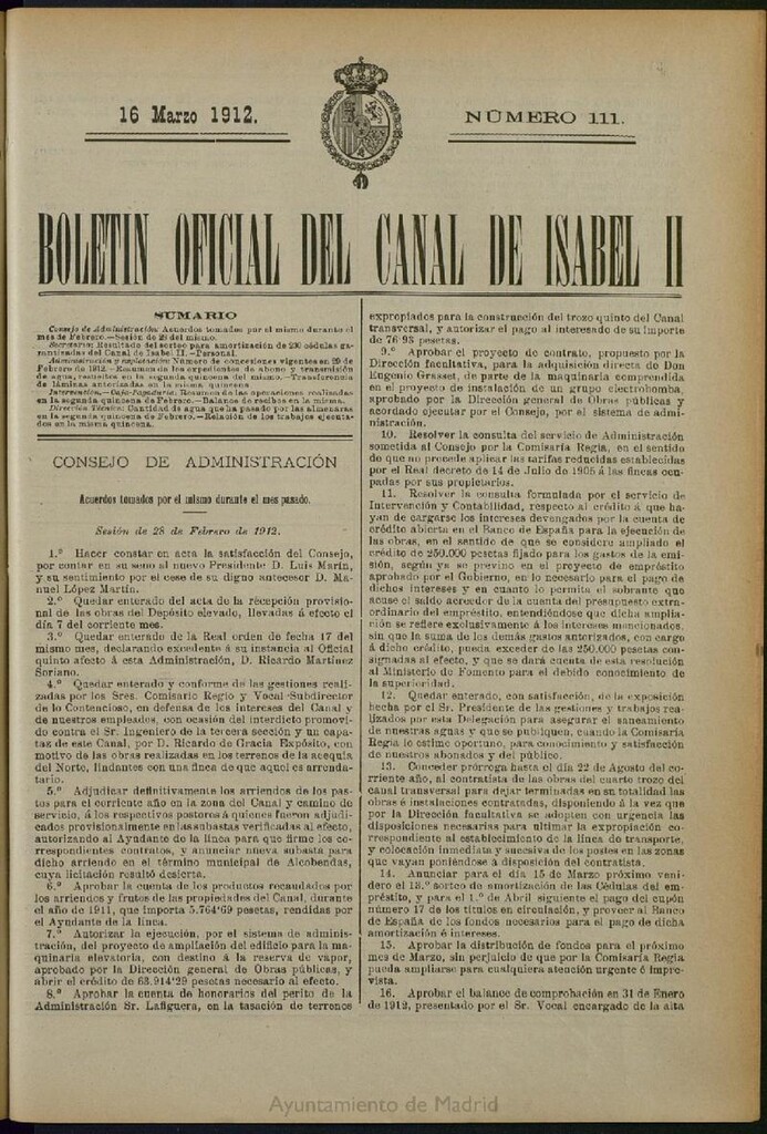Miniatura de Boletín Oficial del Canal de Isabel II del 16 de marzo de 1912, nº 111