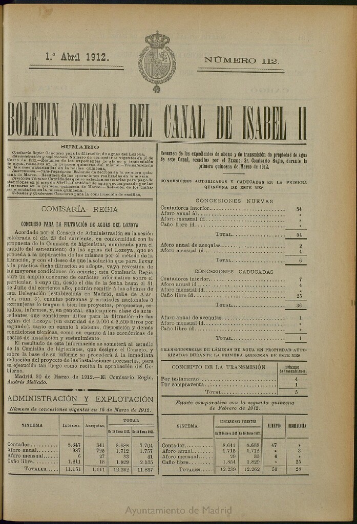 Miniatura de Boletín Oficial del Canal de Isabel II del 1 de abril de 1912, nº 112