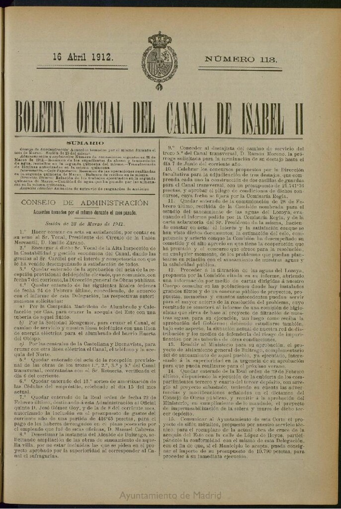 Miniatura de Boletín Oficial del Canal de Isabel II del 16 de abril de 1912, nº 113