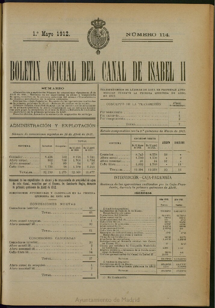 Miniatura de Boletín Oficial del Canal de Isabel II del 1 de mayo de 1912, nº 114