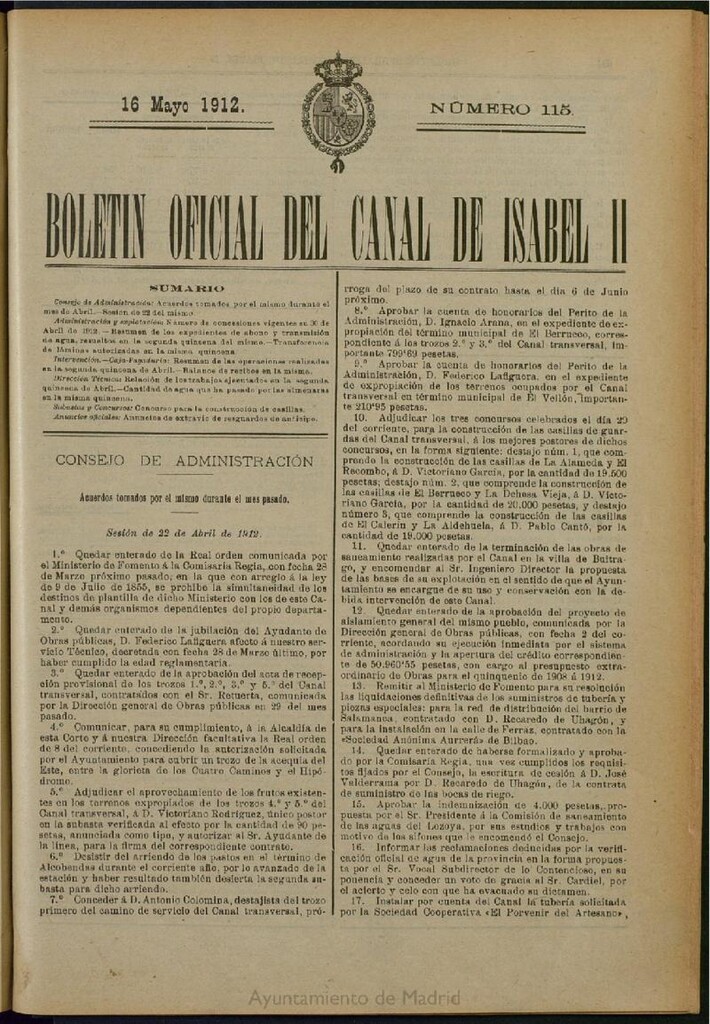 Miniatura de Boletín Oficial del Canal de Isabel II del 16 de mayo de 1912, nº 115