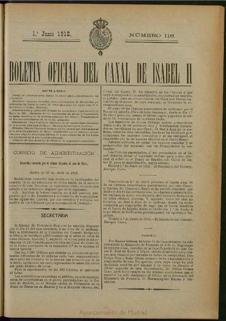 Miniatura de Boletín Oficial del Canal de Isabel II del 1 de junio de 1912, nº 116