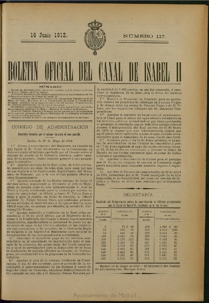 Miniatura de Boletín Oficial del Canal de Isabel II del 16 de junio de 1912, nº 117