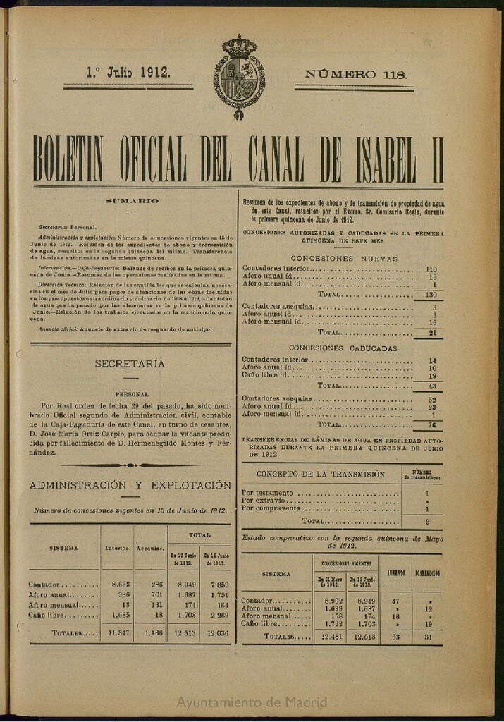Miniatura de Boletín Oficial del Canal de Isabel II del 1 de julio de 1912, nº 118
