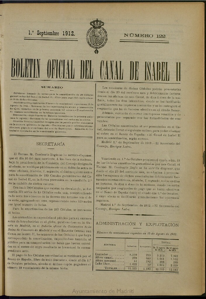 Miniatura de Boletín Oficial del Canal de Isabel II del 1 de septiembre de 1912, nº 122