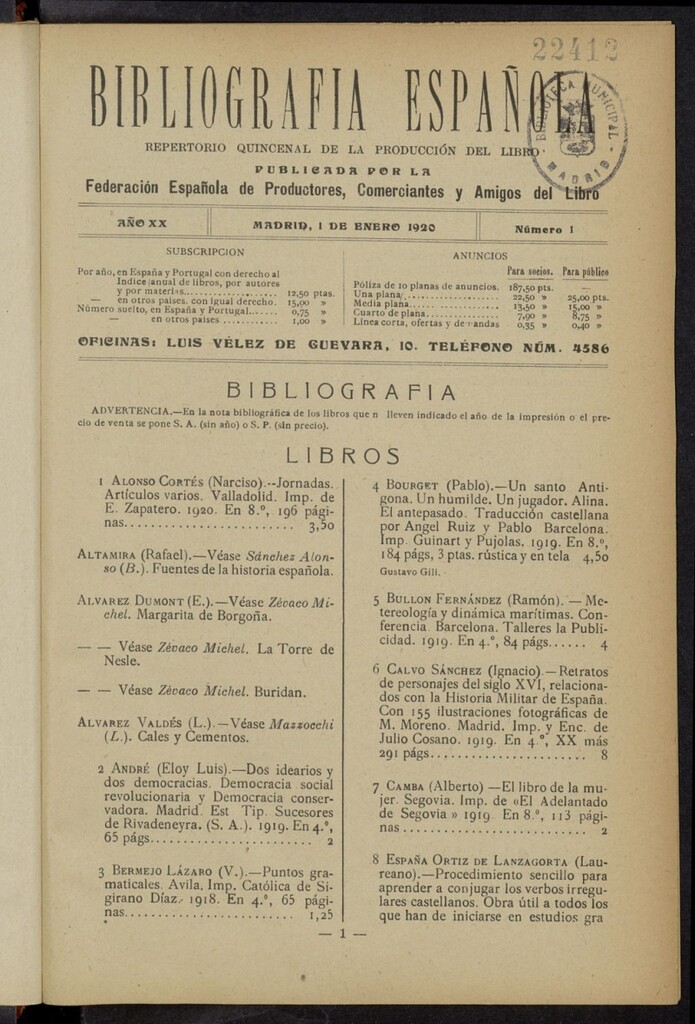 Miniatura de Bibliografía Española del 1 de enero de 1920