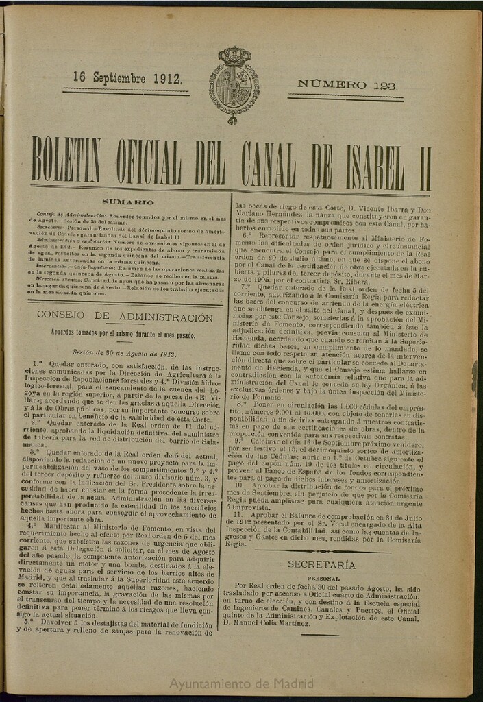 Miniatura de Boletín Oficial del Canal de Isabel II del 16 de octubre de 1912, nº 125