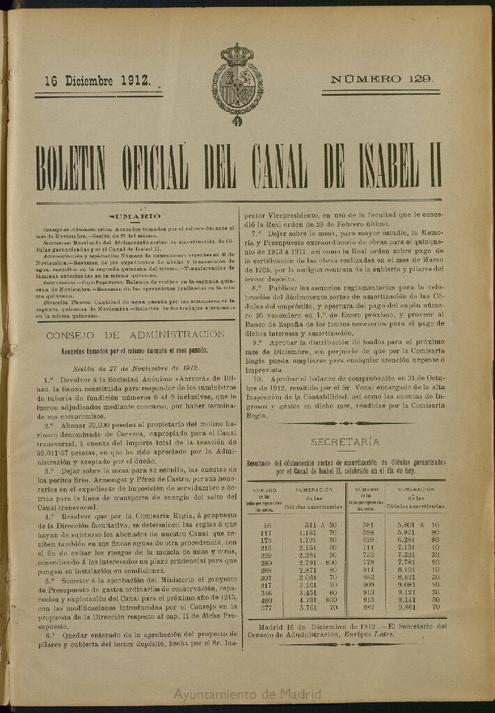 Miniatura de Boletín Oficial del Canal de Isabel II del 16 de diciembre de 1912, nº 129