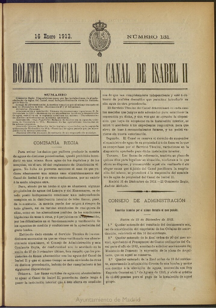 Miniatura de Boletín Oficial del Canal de Isabel II del 16 de enero de 1913, nº 131