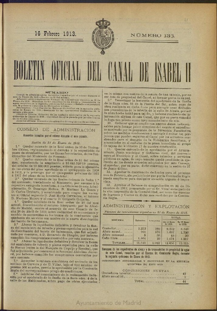 Miniatura de Boletín Oficial del Canal de Isabel II del 16 de febrero de 1913, nº 133