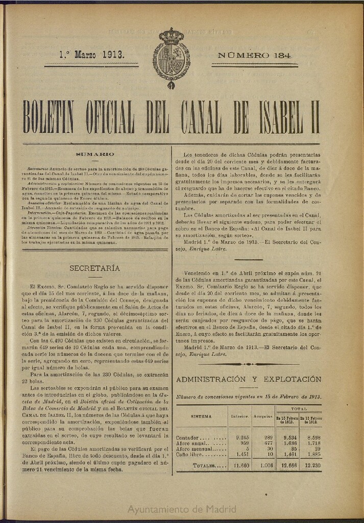 Miniatura de Boletín Oficial del Canal de Isabel II del 1 de marzo de 1913, nº 134