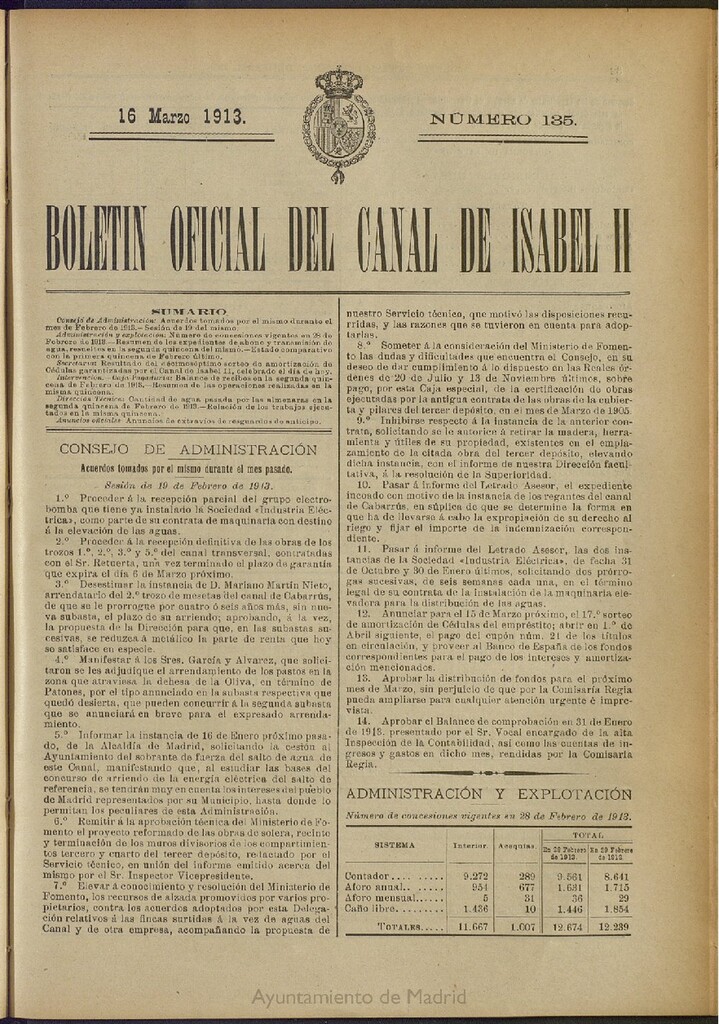 Miniatura de Boletín Oficial del Canal de Isabel II del 16 de marzo de 1913, nº 135