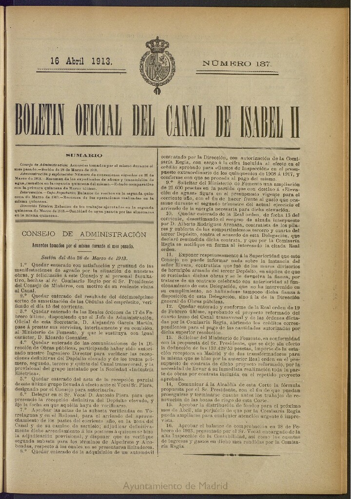 Miniatura de Boletín Oficial del Canal de Isabel II del 16 de abril de 1913, nº 137