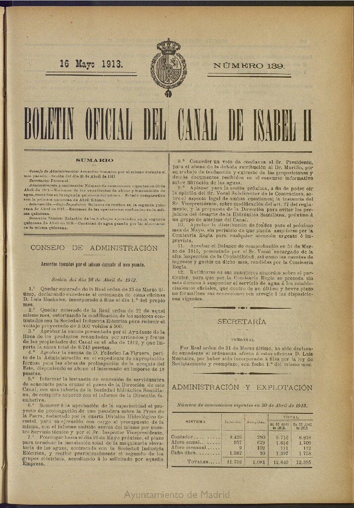 Miniatura de Boletín Oficial del Canal de Isabel II del 16 de mayo de 1913, nº 139