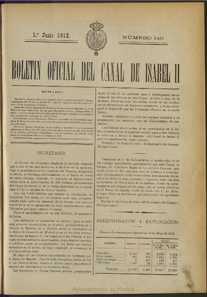 Miniatura de Boletín Oficial del Canal de Isabel II del 1 de junio de 1913, nº 140