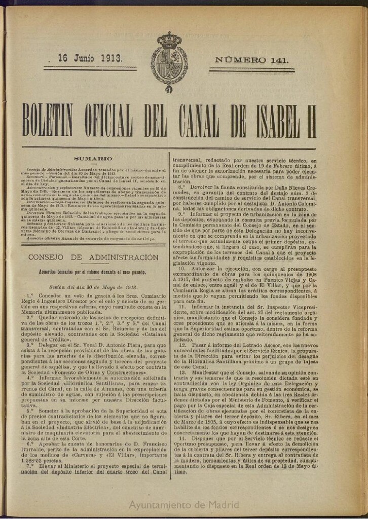 Miniatura de Boletín Oficial del Canal de Isabel II del 16 de junio de 1913, nº 141