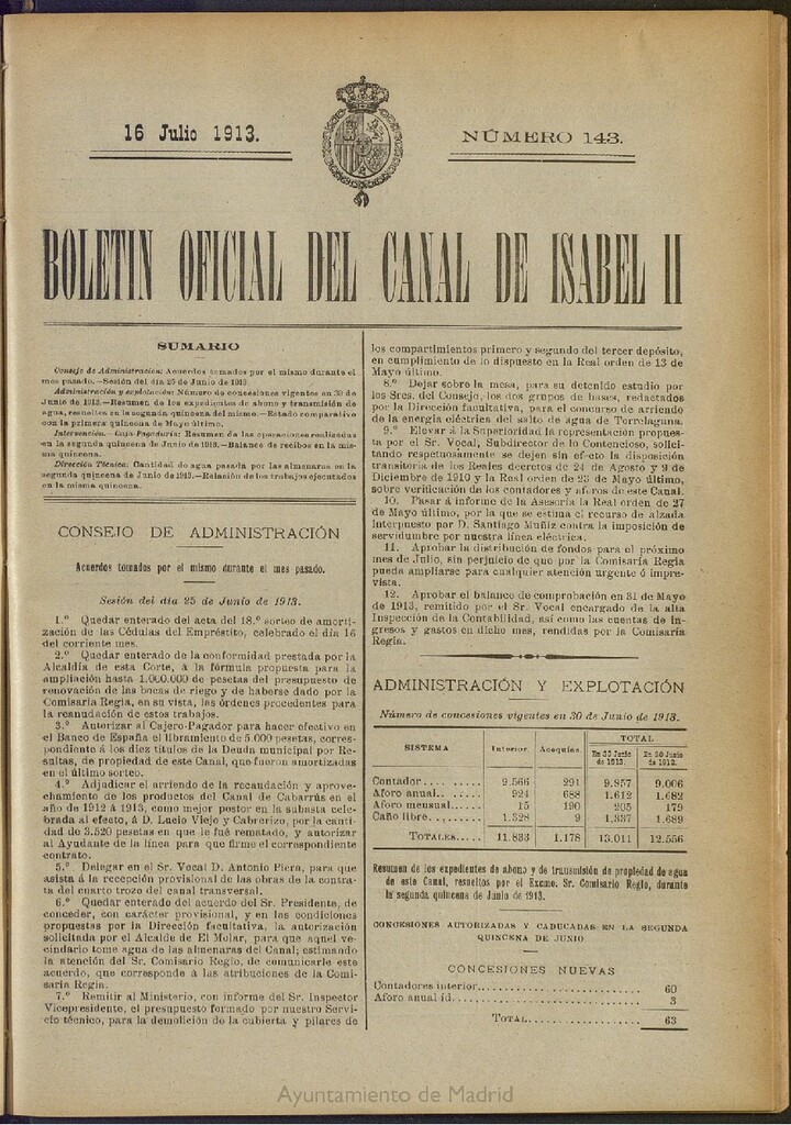 Miniatura de Boletín Oficial del Canal de Isabel II del 16 de julio de 1913, nº 143
